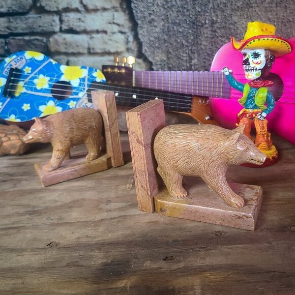 Hand Carved Bear Book Ends Minnesota Agate 1950s - Picture 12 of 15